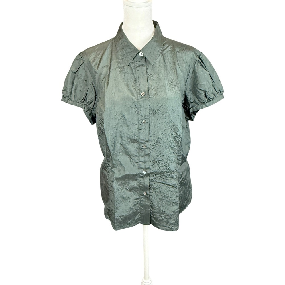 The Limited Silk Blouse Womens Large Green Crinkle Puff Short Sleeve Button